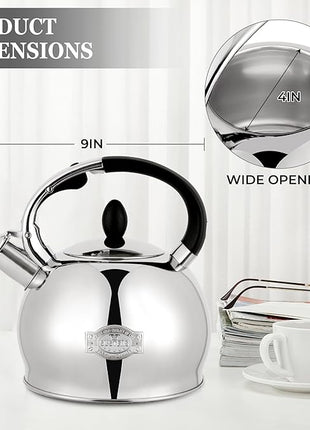 SUSTEAS Stove Top Whistling Tea Kettle - Food Grade Stainless Steel Teakettle Teapot with Cool Touch Ergonomic Handle, With 1 Silicone Pinch Mitt Included,2.64 Quart(SILVER)