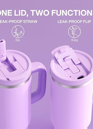 40 oz Tumbler with Handle and Straw: Stainless Steel Insulated Tumbler Keeps Cold for 24 Hours, Leakproof Travel Cup Fits in Cup Holder and BPA-Free, Lavender