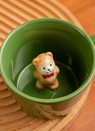 DIHOclub Bow Tie Bear Coffee Cup Hidden Ceramic Animal Inside Mug,Cute Cartoon Handmade Figurine Mugs,Holiday and Birthday Gift for Coffee Milk Tea Lovers,12 Oz(Green)