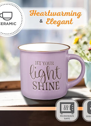Christian Art Gifts Lavender Camp Style Ceramic Coffee Mug – 13 oz. Microwave & Dishwasher Safe Inspirational Scripture Coffee & Tea Mug for Women with Bible Verse: Let Your Light Shine – Matthew 5:16