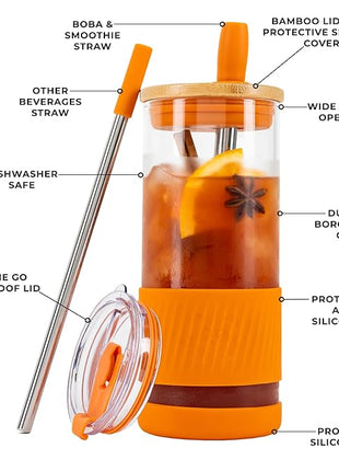 Pandaloo® Glass Cups With Lids and Straws -20 Fl Oz- Perfect Size Iced Coffee Cup - Smoothie Cup With Bamboo Lid and On the go Lid - Glass Tumbler With Straw (1 Count (Pack of 1), Autumn Gold)