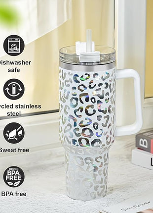 40 oz Tumbler with Handle and Straw, 100% Leak-Proof Travel Mug, Stainless Steel Double Wall Vacuum Insulated Coffee Cup Keeps Cold For 34 Hours, Dishwasher Safe, Black Leopard