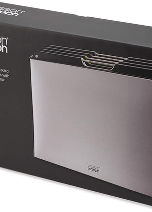 Joseph Joseph Folio 4-Piece Colour coded Cutting Board Set, Stainless Steel Slimline case for organized Kitchen storage, Silver