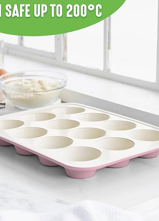 GreenLife 12-Cup Muffin Pan, PFAS-Free Healthy Nonstick Baking Tray, 11.4" x 1.9" x 15.9", Durable Ceramic Bakeware, Cupcakes, Egg Bites, Tarts, Brownies, Pink