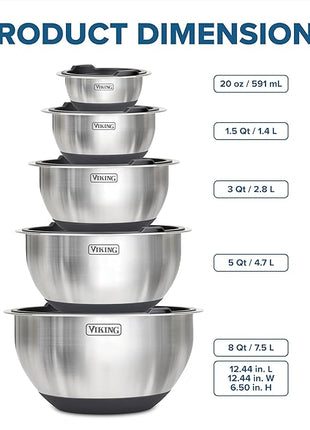 VIKING Mixing Bowls Set, 10 Piece Stainless Steel Kitchen Cookware, Non-Slip Silicone Base, Includes Tight Fit Lids, Dishwasher Safe, Black