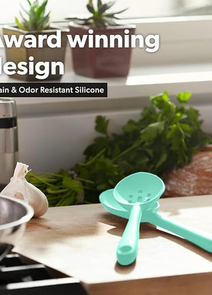 DI ORO Silicone Ladle & Spoons for Cooking – Large Kitchen Spoons for Mixing, Serving, & Stirring - Soup Ladle with Wide Bowl - High Heat Silicone Kitchen Utensils for Nonstick Cookware Safe (Mint)