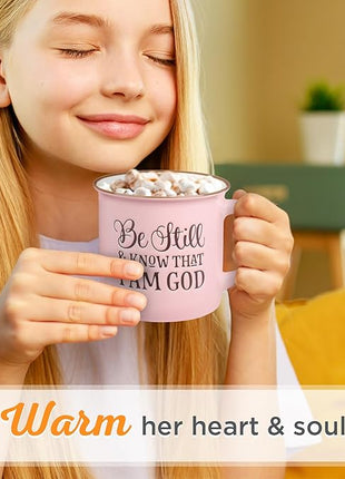 Christian Art Gifts Pink Camp Style Ceramic Coffee Mug – 13 oz. Microwave and Dishwasher Safe Inspirational Scripture Coffee and Tea Mug for Women with Bible Verse: Be Still and Know - Psalm 46:10