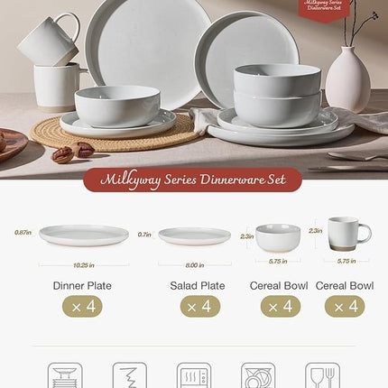 Famiware Milkyway Stoneware Dinnerware Sets with Mugs, Service for 4 (16pcs), Plates and Bowls Sets, Scratch Resistant, Microwave and Dishwasher Safe Dishes Set, Light Gray