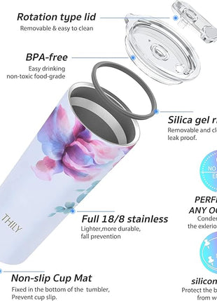 THILY Stainless Steel Vacuum Insulated Tumbler 26 oz Triple-Insulated Travel Mug with Splash-Proof Lid, for Iced Coffee and Hot Beverage, Pink Lilies + Lotus Flower