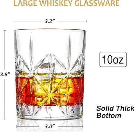 Whiskey Glass, Whiskey Glass Set of 4, Veecom 10 oz Thick Bottom Old Fashioned Whiskey Glasses for Men, Premium Whiskey Gifts for Bourbon, Scotch, Cocktail(Glass Set 4)