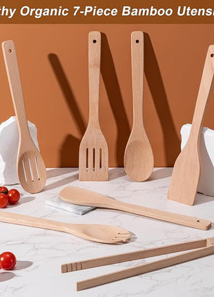 Wooden Spoons for Cooking 7-Piece, Kitchen Nonstick Wood Cooking Utensils Set, Durability Wooden Spatula Spoon for Everyday Use, Light Yellow