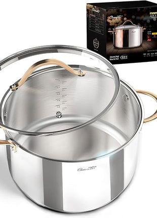 8 Quart Stock Pot, 3 Ply Whole Clad Stainless Steel Stock Pot, 8 QT Cooking Pot with Lid, Induction Pot for Cooking, 18/10 Stainless Steel Cookware Stockpots Oven, Gas and Dishwasher Safe