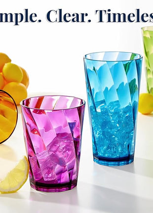 US Acrylic Optix Plastic Reusable Drinking Glasses (Set of 16) 14oz Rocks & 20oz Water Cups in Jewel Tone Colors | BPA-Free Tumblers, Made in USA | Top-Rack Dishwasher Safe