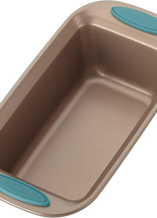 Rachael Ray 47578 Cucina Nonstick Bakeware Set with Grips Includes Nonstick Bread Pan, Baking Sheet, Cookie Sheet, Baking Pans, Cake Pan and Muffin Pan - 10 Piece, Latte Brown with Agave Blue Grips