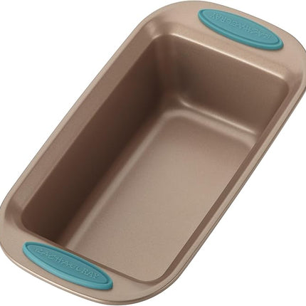 Rachael Ray 47578 Cucina Nonstick Bakeware Set with Grips Includes Nonstick Bread Pan, Baking Sheet, Cookie Sheet, Baking Pans, Cake Pan and Muffin Pan - 10 Piece, Latte Brown with Agave Blue Grips