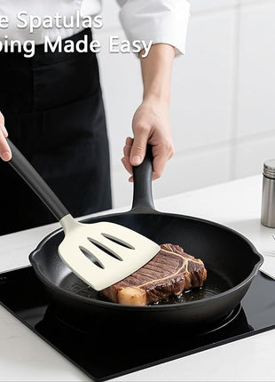 Coukre 3 Pack Silicone Spatula Set, High Heat Resistant, BPA-Free, Fish Spatula, Solid & Slotted Turner for Non-Stick Pans, Flipping Eggs, Pancakes, Fish, Burgers (3, BeigeBlack)