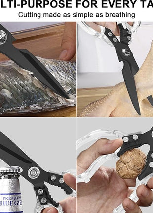 CGBE Kitchen Scissors, Multi-Purpose Kitchen Shears, Heavy Duty Dishwasher Safe Food Scissors for Chicken, Poultry, Fish, Meat & Herbs with Non-Slip Grips (Transparent Black)