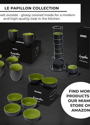 MIAMIO - Set of 6 Stoneware Coffee Mugs 12 Ounce/Cup Set - Le Papillon Collection (Black-Green)