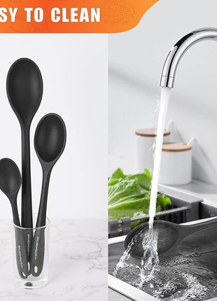 3 Pcs Silicone Spoons Set of 7.9 10.6 14.2 inch for Cooking, Heat Resistant Kitchen Spoons for Mixing, Stirring, and Serving, Small to Large Non Stick (Black)