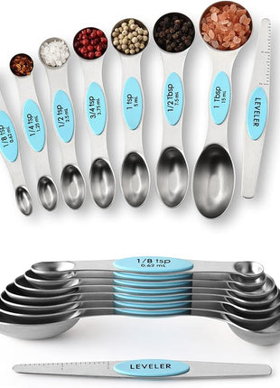 Spring Chef Stainless Steel Magnetic Measuring Spoons Set of 8 with Leveler, Metal Teaspoon & Tablespoon Measuring Spoons with Strong Magnets, Kitchen Gadgets for Baking & Cooking - 2 Pack - Aqua Sky