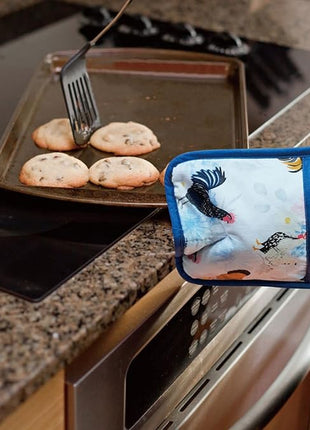 Pot Holders Set of 2 Heat Resistant 480℉ Kitchen 100% Cotton Comfortable Lining Printing Fox Flower Women Men Home Cooking Baking Microwave BBQ Gift (Rooster potholder)