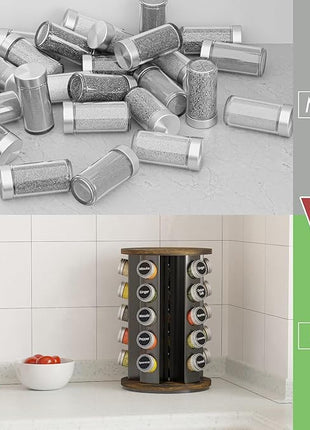 New England Stories Revolving Spice Rack Set with 25 Spice Jars, Kitchen Spice Tower Organizer for Countertop or Cabinet - Carousel Storage Includes 386 Spice Labels