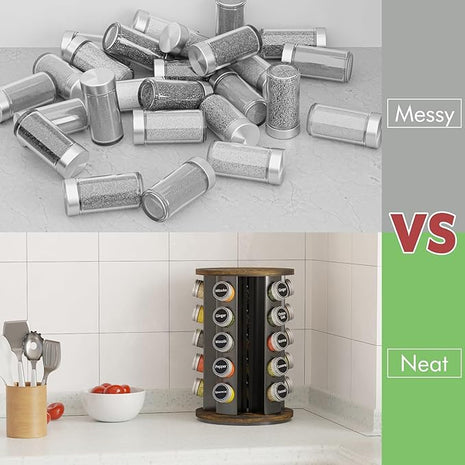 New England Stories Revolving Spice Rack Set with 35 Spice Jars, Kitchen Spice Tower Organizer for Countertop or Cabinet - Carousel Storage Includes 386 Spice Labels