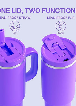 40 oz Tumbler with Handle and Straw: Stainless Steel Insulated Tumbler Keeps Cold for 24 Hours, Leakproof Travel Cup Fits in Cup Holder and BPA-Free,Violet