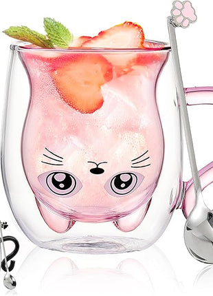Cute Mugs Glasses Double Wall Insulated Glasses Espresso Cup, Coffee Cup, Tea Cup, Milk Cup, Best Gift for Office and Personal Birthday, Pink Cat