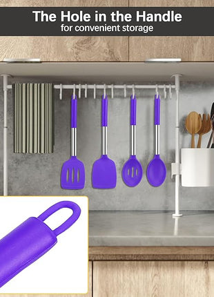 Silicone Spatula Spoon Set, 4 PCS Silicone Cooking Utensils Spatula Spoon Set with Stainless Steel Handle, BPA Free Kitchen Turners for Frying, Mixing, Serving, Draining, Turning, Stirring, Purple