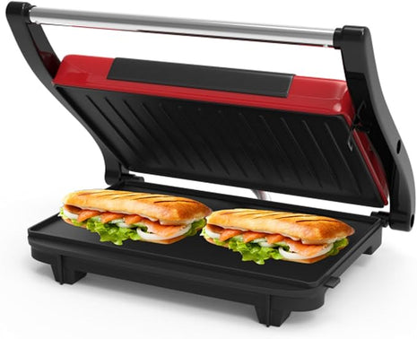 Panini Press - Sandwich Maker with Nonstick Plates - Indoor Countertop Grill for Cooking Burgers, Steak, Grilled Cheese, and More (Red)
