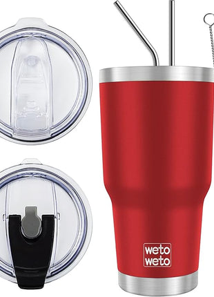 WETOWETO 30 oz Insulated Tumbler With 2 Lids and 2 Straws, Stainless Steel Double Vacuum Coffee Tumbler Cup, Powder Coated Travel Mug for Home, Office, Travel, Party (Harvest Red, 1 Pack)