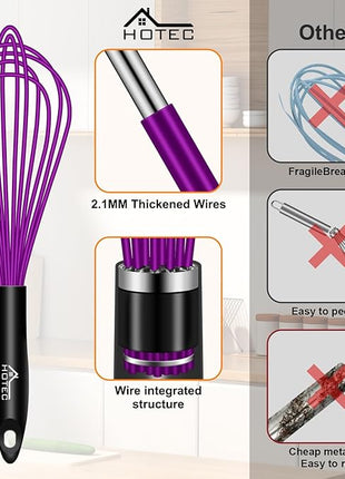 HOTEC 4 Pieces Silicone Whisks for Cooking, Wire Balloon Whisks Egg Beater, Non-slip Handle Whisk for Non-stick Cookware Perfect for Cooking, Stirring, Beating and Blending (Purple)
