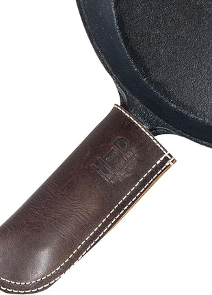 Hide & Drink, Hot Handle, Cast Iron Protector, Panhandle Potholder, Slides On/Off Easily onto Metal Skillet Grips, Full Grain Leather, Handmade (Bourbon Brown White Stitching)