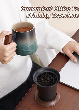 ZENS Embossed Ceramic Tea Mug with Infuser and Lid, 14.5 oz Wooden Handle, Loose Leaf Tea Steeper Cup & Strainer for Tea Lovers Gifts