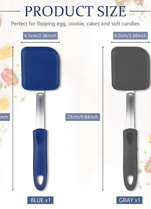 Silicone Cookie Spatula Turner 2 Pack Mini Brownie Spatula Flexible Kitchen Small Silicone Turner for Nonstick Cookware Heat Resistant No Scratch Flipper for Egg Pancake(Gray, Blue)
