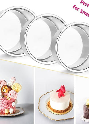 E-far 4 Inch Small Cake Pan Set of 3, Stainless Steel Mini Round Smash Cake Baking Pans, Non-Toxic & Healthy, Mirror Finish & Dishwasher Safe