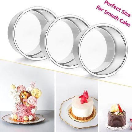E-far 4 Inch Small Cake Pan Set of 4, Stainless Steel Mini Round Smash Cake Baking Pans, Non-Toxic & Healthy, Mirror Finish & Dishwasher Safe