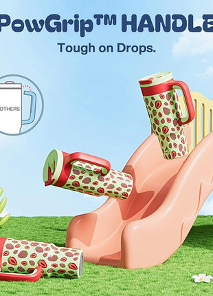 24 oz Metal Tumbler Cup for Girls: Easy Grip Handle, Leak-Proof when Sealed, Easy to Clean, Double Wall Vacuum Cup for Home, School, Daycare, Party, Picnic, Hiking, Travel, Gift (Strawberry Pop)