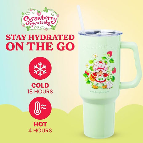 Silver Buffalo Strawberry Shortcake and Custard “Life is Delicious!” Stainless Steel Tumbler with Handle, Fits in Standard Cup Holder, 40 Ounces