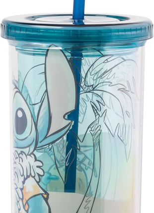 Silver Buffalo Disney Lilo and Stitch Island Stitch Plastic Tall Cold Cup with Lid and Straw, 20 Ounces