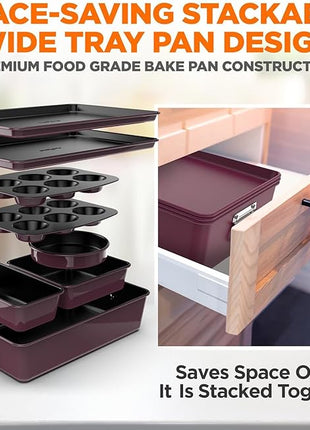 NutriChef 8-Piece Nonstick Stackable Bakeware Set - PFOA, PFOS, PTFE Free Baking Pan Set w/Non-Stick Coating, 450°F Oven Safe, Round Cake, Loaf, Muffin, Wide/Square Pans, Cookie Sheet (Plum)
