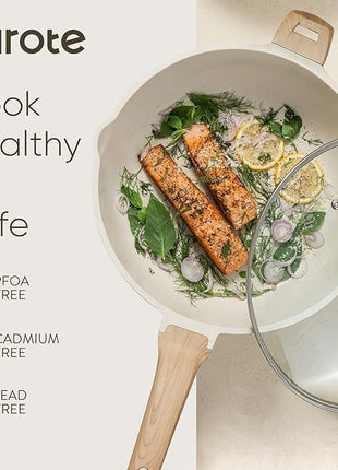 CAROTE 12.5Inch Nonstick Deep Frying Pan with Lid, 6.5 Qt Jumbo Cooker Saute Pan with Pour Spout, Skillet Induction Cookware, Non Stick Cooking Pan Kitchen Pan PFOA Free, White Granite