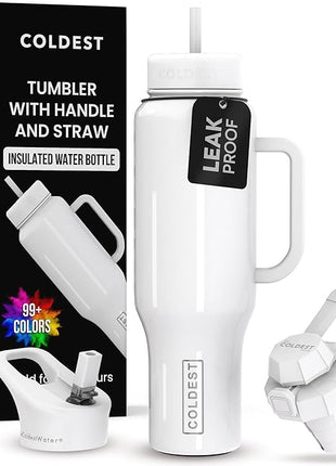 Coldest Tumbler with Handle and Straw, 100% Spill Proof Tumbler with Straw (3 Lids), Stainless Steel Insulated Leakproof Tumblers for Women & Men, Cup Holder Friendly, 46 oz (Snow Reflections)