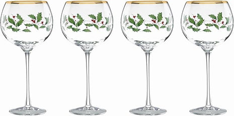 Lenox Drinkware, Holiday 4-Piece Wine Balloon Glass Set, Set Of 4, 16 Oz Capacity, Made From Glass, Festive Red Christmas Design, Hand Wash Only, Christmas Decorations, Winter Decor (4 Piece)