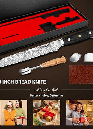 MOSFiATA Bread Knife 8” Ultra Sharp Serrated Knife, German High Carbon Stainless Steel EN1.4116 Bread Slicer with Bread Lame, Micarta Handle, For Bread, Cake, Bagels
