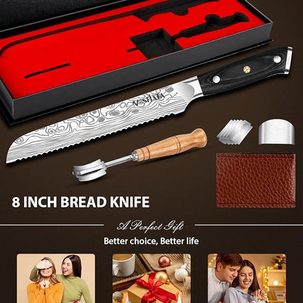 MOSFiATA Bread Knife 8” Ultra Sharp Serrated Knife, German High Carbon Stainless Steel EN1.4116 Bread Slicer with Bread Lame, Micarta Handle, For Bread, Cake, Bagels