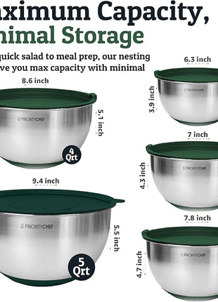 Priority Chef Stainless Steel Mixing Bowls with Lids Set, Metal Nesting Bowls with Airtight Lids, Graters, Non-Slip Base & Measurement Marks, Includes Utensil Set for Prep, Baking & Storage, Green