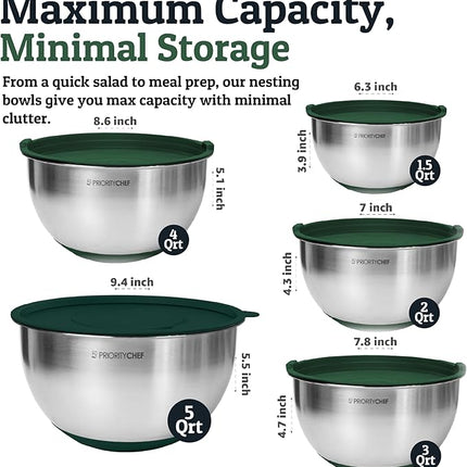 Priority Chef Stainless Steel Mixing Bowls with Lids Set, Metal Nesting Bowls with Airtight Lids, Graters, Non-Slip Base & Measurement Marks, Includes Utensil Set for Prep, Baking & Storage, Green