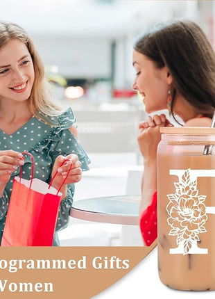 Coolife Initial Glass Cup, Monogrammed Gifts for Women, 16 oz Glass Cups w/Lids Straws, Iced Coffee Smoothie Beer Tumbler w/Straw Lid - Personalized Christmas, Birthday Gifts for Her Mom Friend Woman